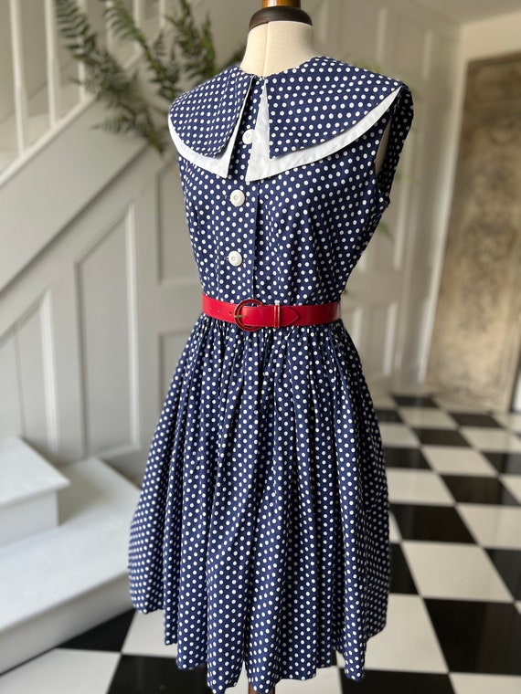 1940s 50s white and navy polka dot dress - image 5