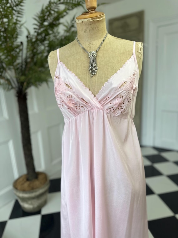 pink vintage slip dress 1970s Long Slip Dress in Baby Pink With Embroidery to the Front