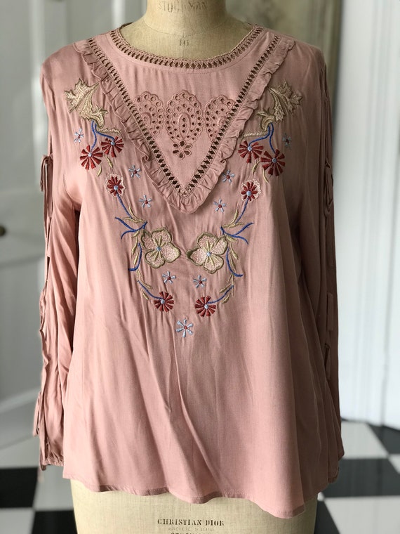 Vintage blusa de manga larga bordado rosa oscuro con - Etsy España