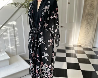 1930s black kimono with pastel colour silk flowers embroidery