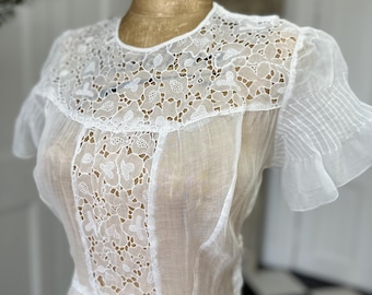 1940s white organdie cutout lace dress
