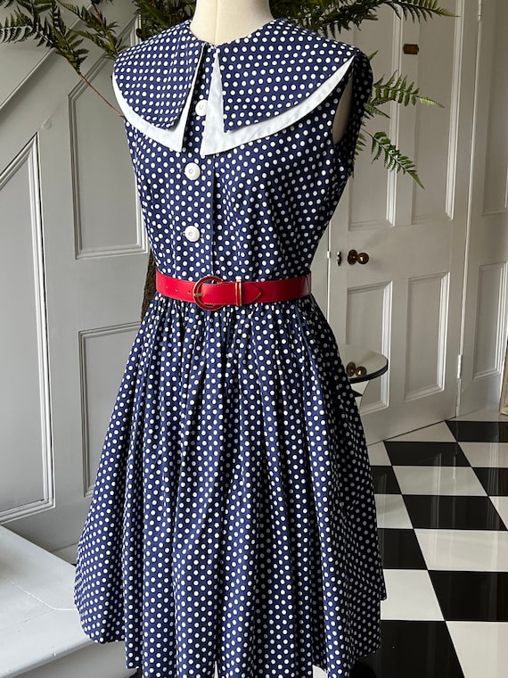 1940s 50s white and navy polka dot dress - image 1