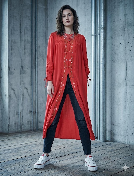 1940s silk dressing gown 1940s Silk Red House Coat Dressing Gown With Silk Embroidery to the Front