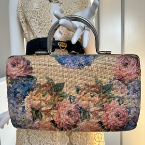 Boho 1970s hessian handbag with floral design