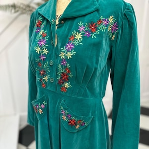 1940s velvet long sleeve dress with hand embroidery details