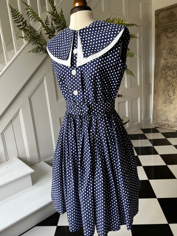 1940s 50s white and navy polka dot dress - image 3