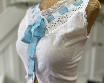 Elegant Edwardian Victorian Corset Cover with blue ribbon