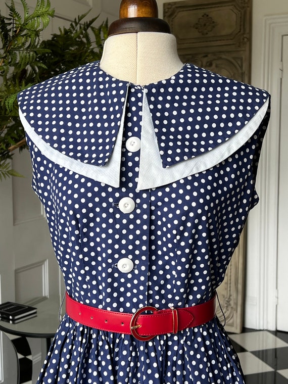 1940s 50s white and navy polka dot dress - image 4