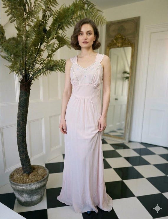 Vintage 1930s Pink Bias Cut Maxi Dress