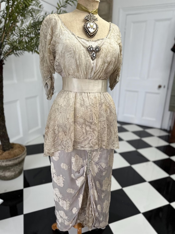 Edwardian Lace Silk Dress: Titanic Style Rhinestone Trim, UK