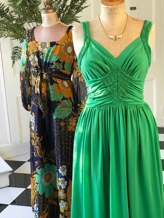 Vintage Couture 1970s emerald green maxi dress UK