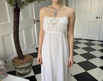 1970 long sexy slip dress with cutout lace details in off white