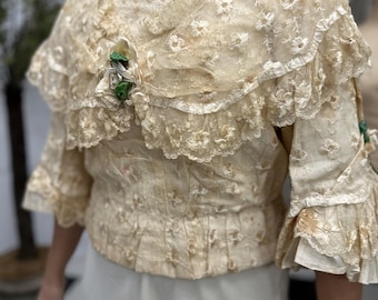 Romantic Lace Bridal Bodice Silk Embroidery with Floral Corsage and Silk Ribbon Details