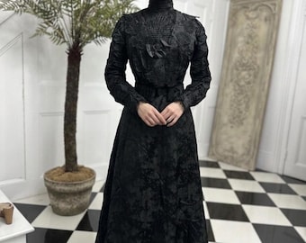 Victorian Black Silk Bodice and Skirt Set: Tape Lace Detail