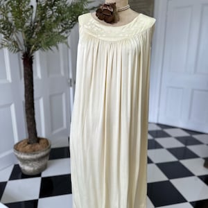 1940s boat neck  buttercup cream smock style silk slip with hand embroidery
