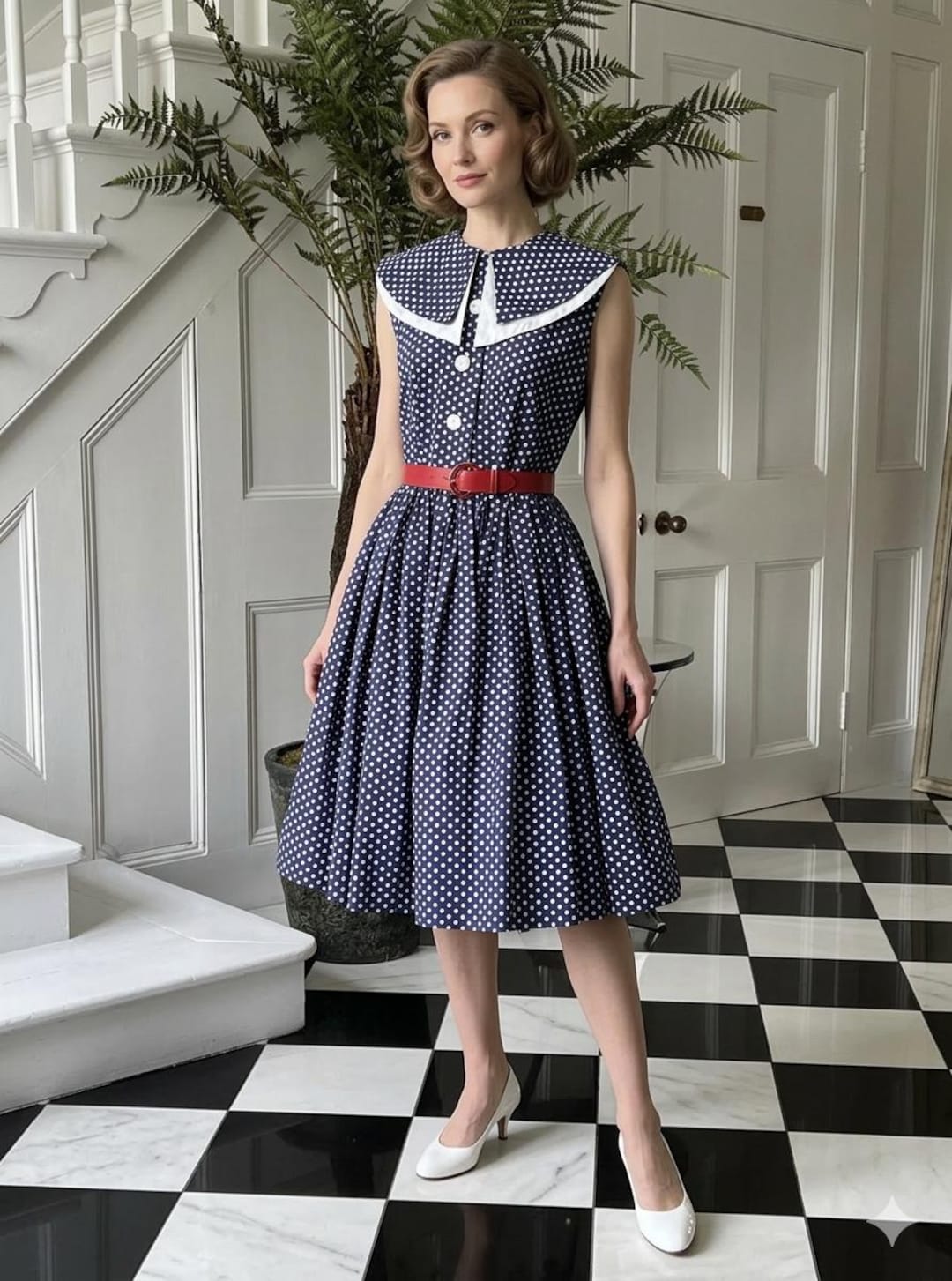 chinese dress ladies Luscian Plunge Mini Dress in Micro Polka Navy , V Neck main image 0