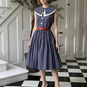 1940s 1950s White and Navy Polka Dot Knee Length Dress - Etsy