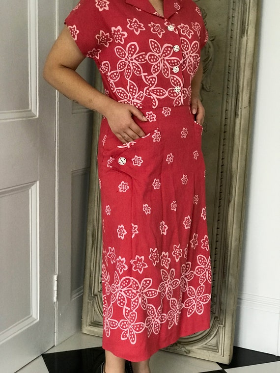 1940s coral linen floral summer day dress
