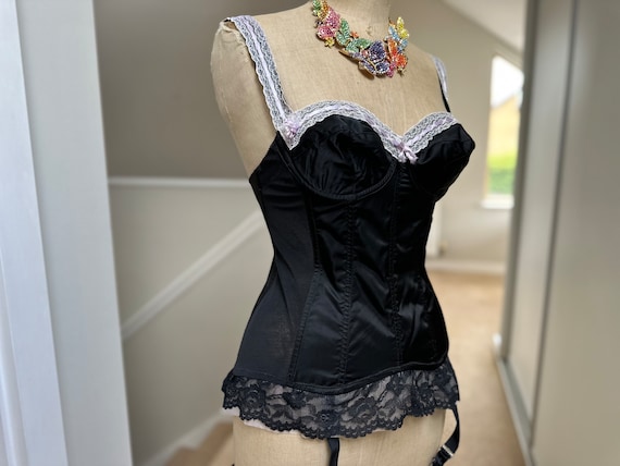 1950s Sexy Black Satin and Lace Corset Bustier 