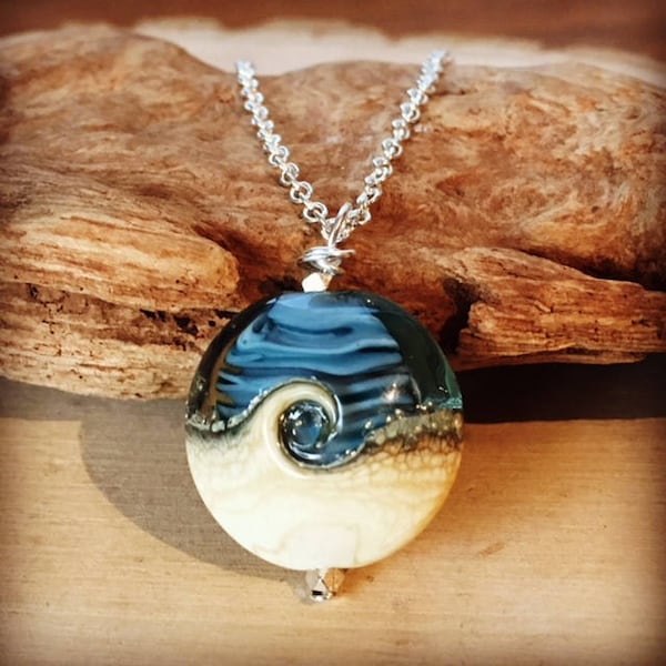 Ocean Wave Necklace, Ocean Jewelry, Blue Wave Necklace, Sea Glass Necklace, Wave Necklace, Lampwork Bead, Aqua Blue Necklace, Ocean