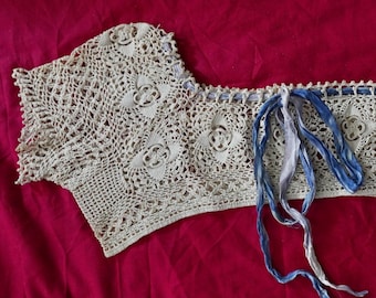 Antique Edwardian Crochet Corset Cover, Romantic Feminine Boho French Beach Wedding Crop Top, Blouse