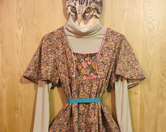 1970s Floral Print Cotton/Calico Hippie /Chic/Boho/Gypsy/Festival/Cottagecore Dress with Angel/Butterfly Sleeves,Dreamy Midi Dress