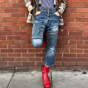 Przetworzone ręcznie vintage'owe patchworki w stylu Odd Stitch, folkowe/psychodeliczne/festiwalowe/hipisowskie/funky/boho/kowbojskie/robocze/artystyczne jeansy