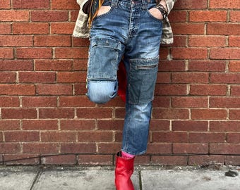 Upcycled Denim Jeans - Patchwork, Distressed, Unique Design
