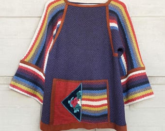 Jersey de manga acampanada del diseñador John Ashpool de los años 70, estilo hippie/boho, de punto con bordados florales.