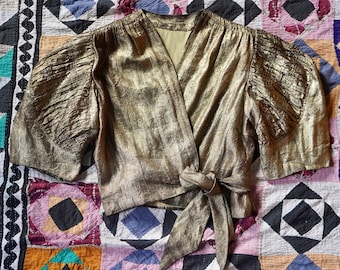 Rare 1930s Embossed Gold Lamé Puff Sleeve Wrap Blouse/Jacket, Antique Art Deco/Glamour Metallic Puff Shoulder Bolero