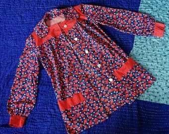 1960s Calico Cotton Peasant Blouse: Vintage Mouse Print Folk Novelty Smock