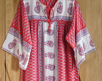Vintage 70s Indian Block Print Kaftan Dress: Bell Sleeves, Hippie Folk Style