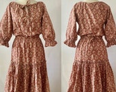 Mythical Birds 1970s Laura Ashley Wales Cotton Calico Hippie Cottagecore Boho Flower Child Prairie Peasant Edwardian Farm Work Smock Dress