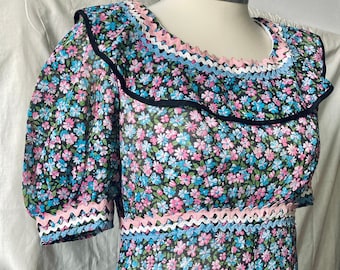 1970s Floral Maxi Dress, Puff Sleeves, Vintage Boho