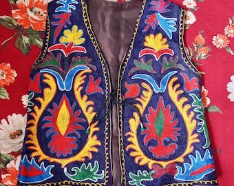 Vintage Hand Embroidered Afghan Vest, Unisex Boho Hippie Style