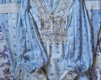 1970s Gunne Sax Style Dreamy/Renaissance/Medieval/Boho/Prairie/Princess/Cottagecore/Fairycore Sheer Floral Lace Crochet Corset Maxi Dress