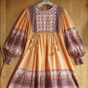 1970s Indian Cotton Block Print Smock Dress With Bishop Sleeves, Ethnic/Hippie/Folk/Festival/Boho/Holiday Dress