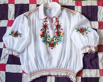 1940s Hand Embroidered Rayon Crepe Hippie/ Boho/ Festival/ Folk/ Gypsy/Art Deco Top,Hungarian/Romanian/Almost Famous Blouse