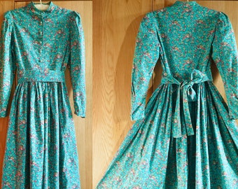 70s 80s do Victorian Rose Print Cotton/Calico Midi Dress, Boho/Cottagecore/Little Women/Prairie/Peasant/Country/Farm/Work Dress