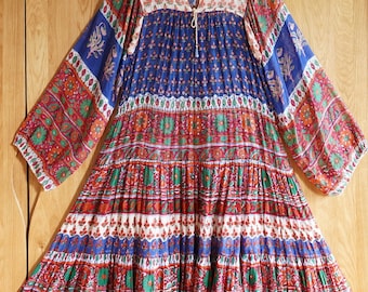 1970s Indian Gauze Cotton Maxi Dress: Block Print Boho Goddess