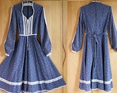 1970s Gunne Sax Floral Calico Corset Midi Dress, Western Victorian Renaissance Medieval Boho Prairie Cottagecore Dress