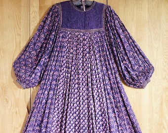 1970s Phool Indian Cotton Smock Dress: Hand Block Print Balloon Sleeve Kaftan