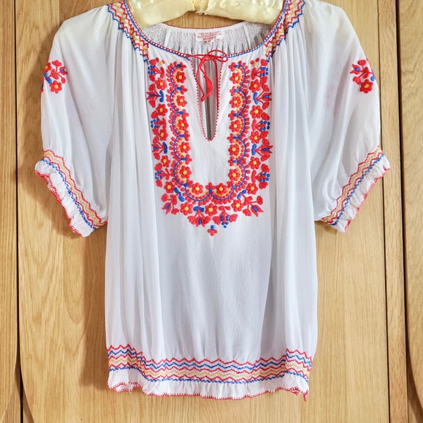 1940s Hand Embroidered Rayon Crepe Hippie/ Boho/ Festival/ Folk/ Gypsy/Art Deco Top,Hungarian/Romanian/Almost Famous Blouse