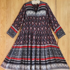 60er 70er Ayesha Davar Ultra Soft / hauchdünn / hauchdünne indische Gaze Baumwolle Block Print Boho/Goddess/Hippy/Folk/Fairycore/Festival Tiered Maxi Dress