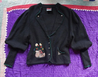 80s does 40s Puff shoulder Mutton Sleeve Embroidered Austrian/Bavarian Cardigan with Hand Painted Appliqué,Folk/Cottagecore Knitwear/Jacket