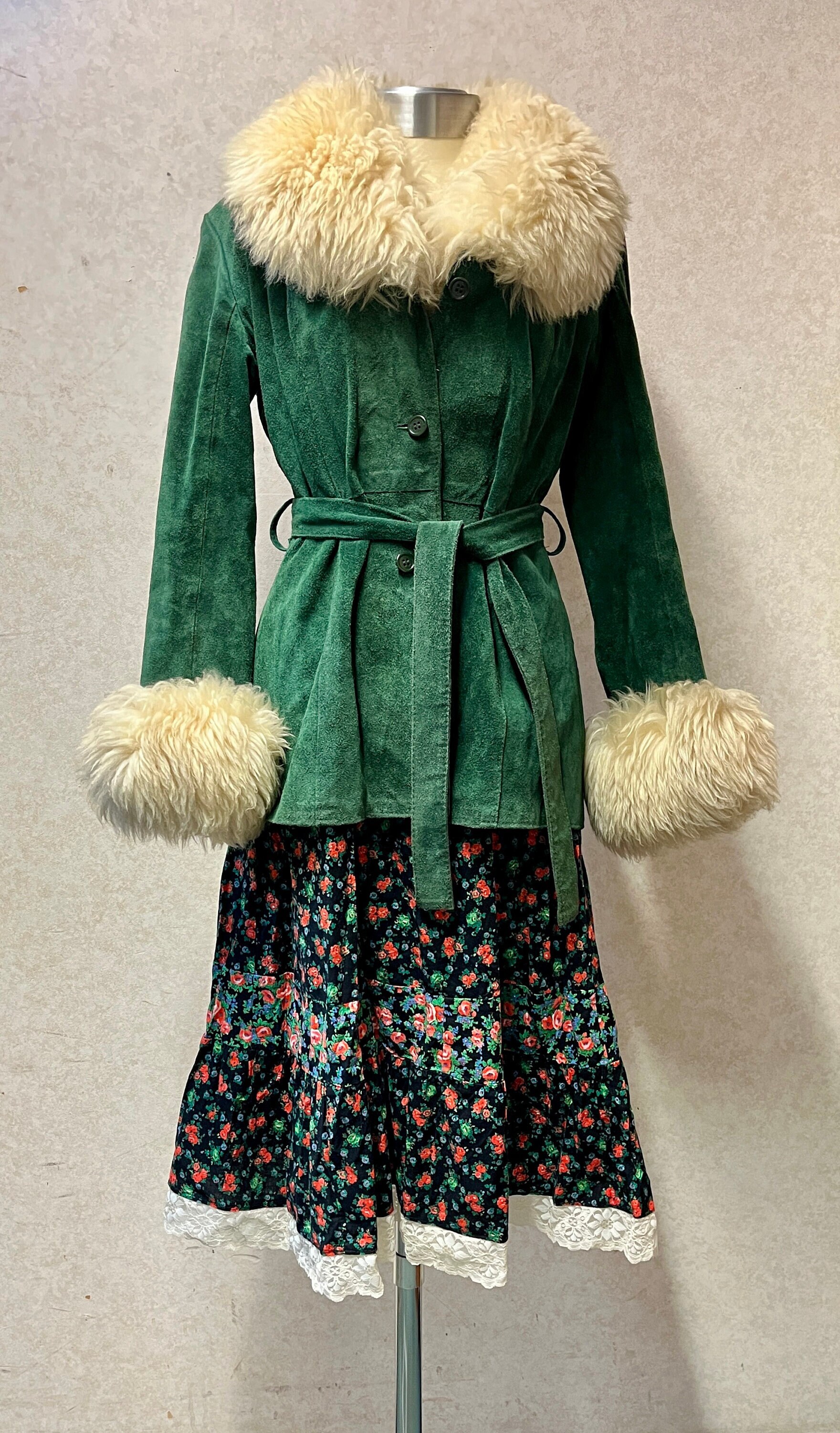 1970s Green Suede/leather Jacket With Sheepskin Fur, Folk