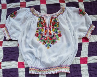 1940s Hand Embroidered Rayon Crepe Hippie/ Boho/ Festival/ Folk/ Gypsy/Art Deco Top,Hungarian/Romanian/Almost Famous Blouse