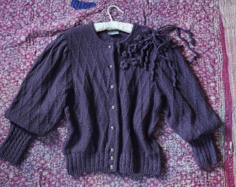1980s does 30s 40s Mutton Sleeve Embroidered Art Knit Sweater Jacket, Bavarian/Austrian Crochet Pompom Boho Hippie Jumper Cardigan