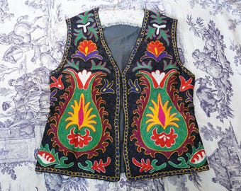 Hand Embroidered Afghan Vest: Vintage 60s 70s Boho Hippie Waistcoat