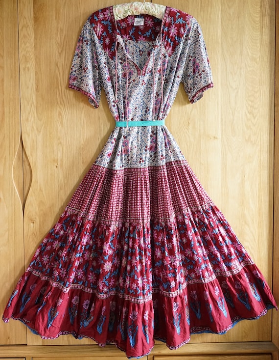 70s 80s Hand Block Printed Indian Cotton Gypsy/Fes